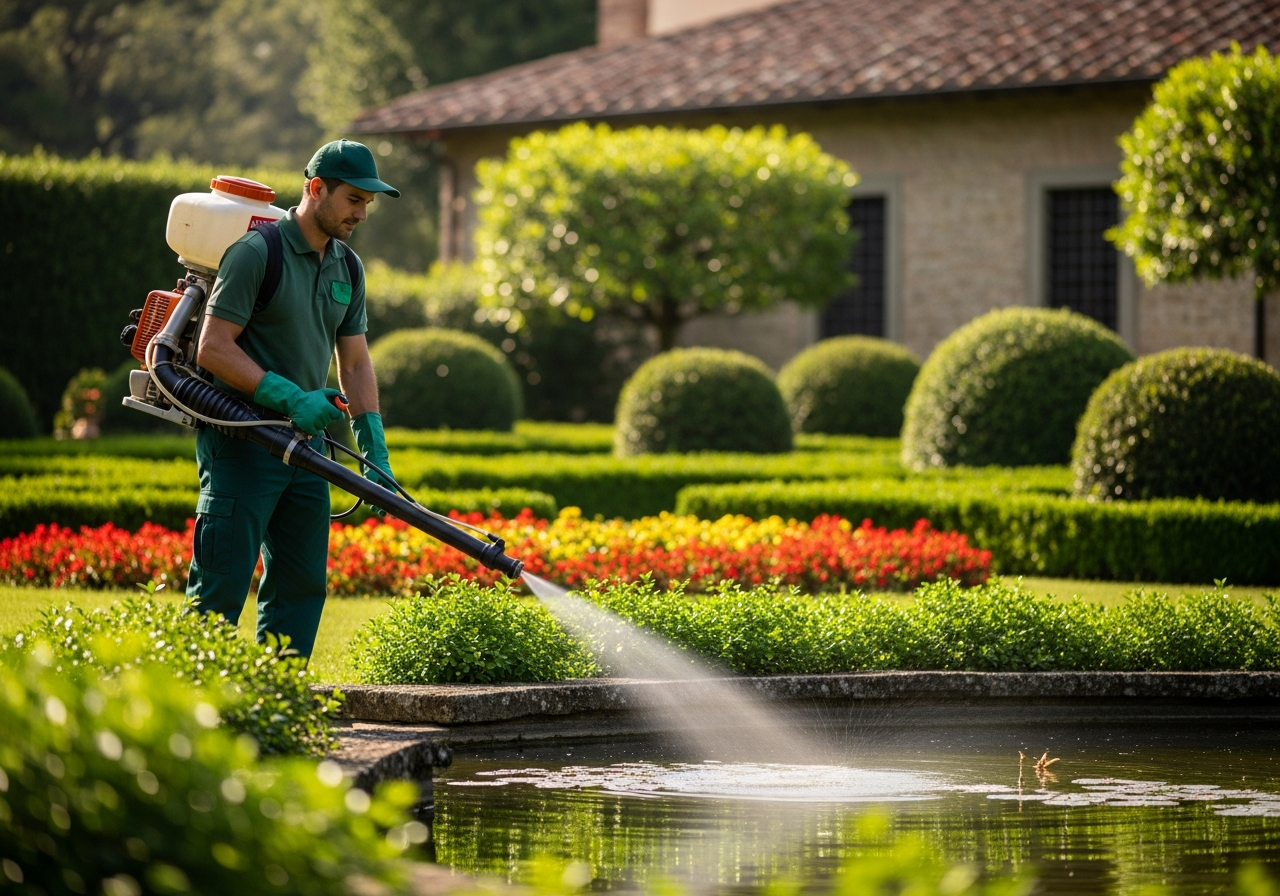 Tecnico G.E. Disinfestazioni esegue trattamento anti-zanzare nel giardino di un'abitazione a Tivoli e Guidonia